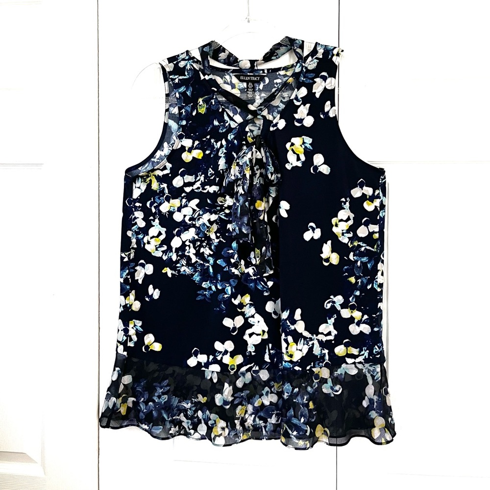Ellen Tracy Blue Trellis Blossom Ink Tie Neck Top Sleeveless sz Large - Picture 7 of 15